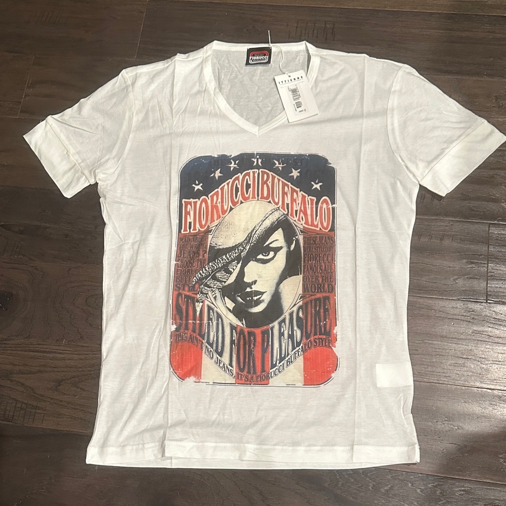 Fiorucci White Graphic Tee with Red and Blue Design